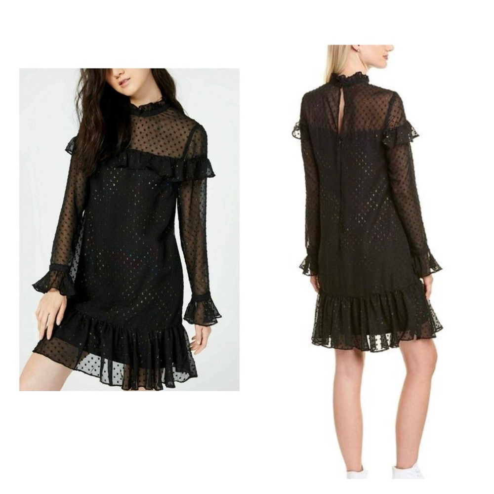 Betsey Johnson Black Rainbow Glitter Dot Tiered Ruffle Long Sleeve Dress Size 2